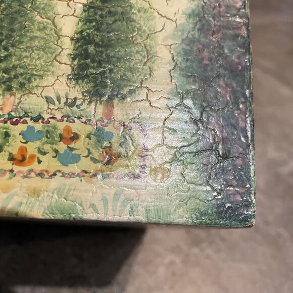 Vintage Painted Wooden Hinged Box Yellow Floral Garden Scene Crackled 6.5x5x5.5 - Picture 9 of 12